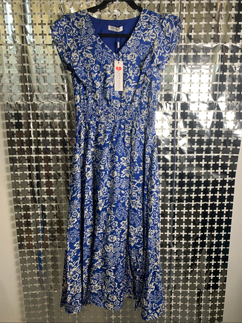 Kate Kasin Blue Floral Maxi Dress with Shirred Waist — Unbranded